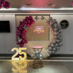 25th Anniversary Balloon Decoration Package | Maroon–Silver Balloon Arch, Neon Light & Numeric LED Display