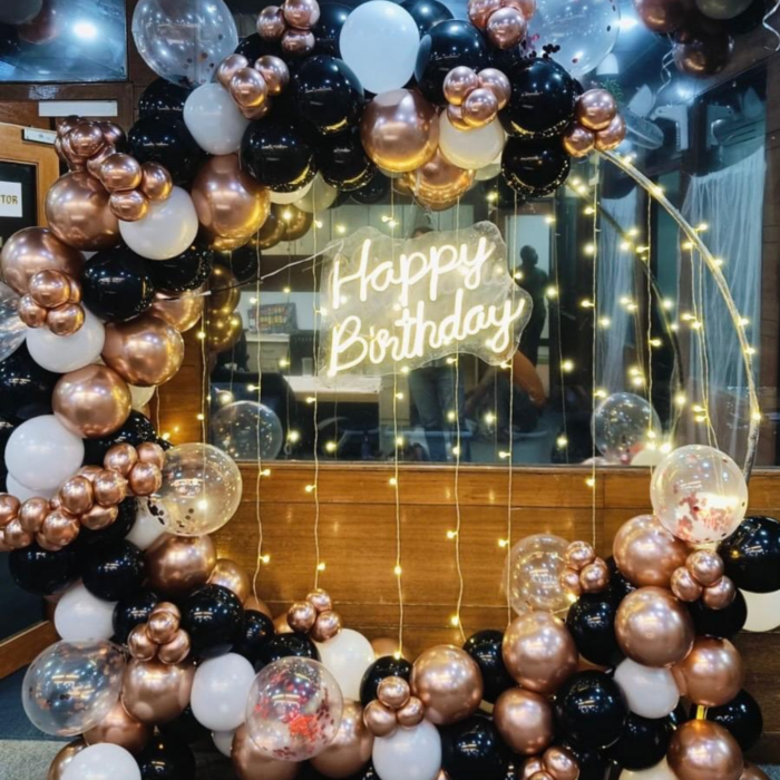 Premium Happy Birthday Balloon Decoration Package | Black–White–Rose Gold Balloon Arch with LED Fairy Lights & Neon Sign - Image 1