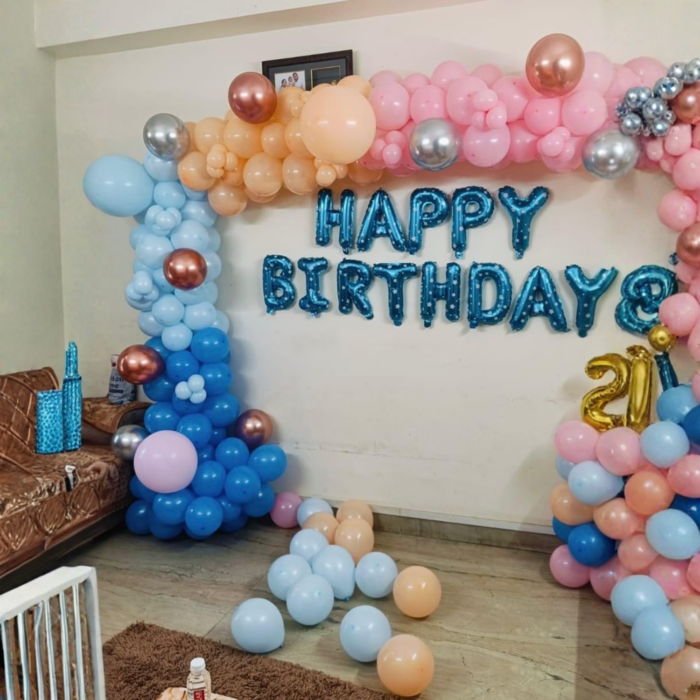 14 Pastel Happy Birthday Decoration Package | Blue–Peach–Pink Balloon Arch with Foil Letters & Age Number Balloon - Image 1