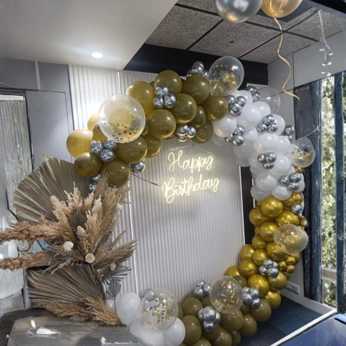 Premium Happy Birthday Decoration Package | Golden–White Balloon Arch with Dried Flowers & LED Neon Light - Image 1