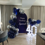 40th Birthday Balloon Decoration Package | Blue–Silver Balloon Arch, Custom Backdrop & LED Marquee Numbers
