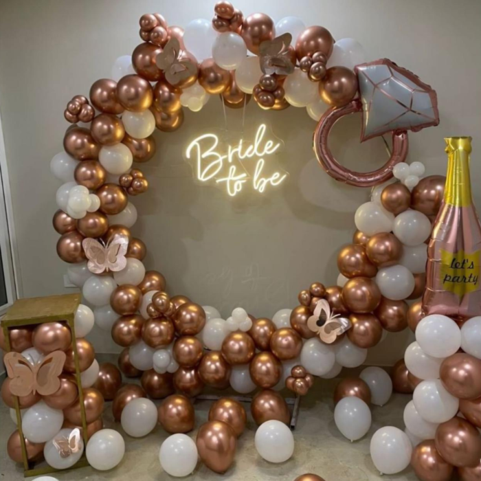 Decoration ID: MPS-BTB1717 | Bride-to-Be Decoration Package | Rose Gold–White Balloon Arch, Neon Light, Ring Foil & Champagne Props - Image 1