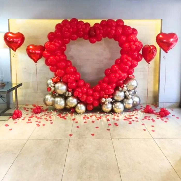 Luxury Heart Balloon Decoration Package | Red Heart Arch with Silver Balloons for Valentine, Anniversary & Romantic Surprise - Image 1