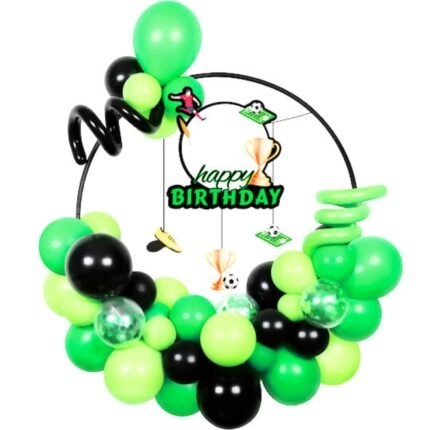 Football Theme Birthday Balloon Decoration Kit – 49 PCS Green & Black Balloon Arch Set with 10” & 5” Balloons, Stickers, Strip Balloons & Circle Rod – Soccer Birthday
