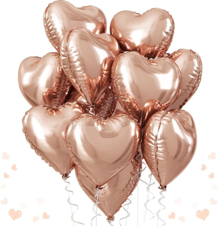 71F2IH7GMTL._SL1500_ Rose Gold Heart Shaped Foil Balloons - Set of 5 - Image 1
