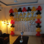 Happy Birthday Balloon Decoration Package | Gold Foil Letters, Red–Black–Golden Balloon Theme & Shimmer Curtain Backdrop