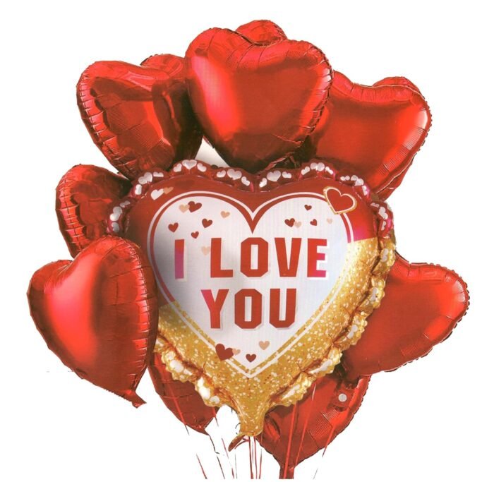 “I Love You” Heart Foil Balloon Bouquet | Red & Gold Love Balloons - Image 1