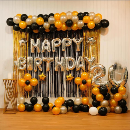 Decoration ID: MPS-BD909 | Premium Happy Birthday Balloon Decoration Package | Black–Gold–Silver Theme with Foil Letters & Shimmer Backdrop
