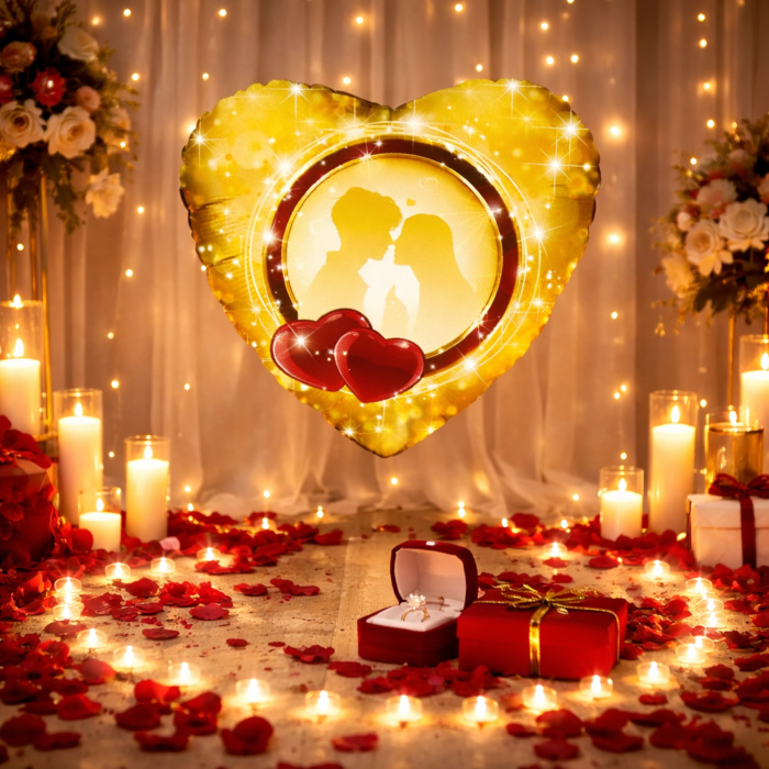 Golden Heart Shape Love Foil Balloon with Couple Silhouette - Image 2
