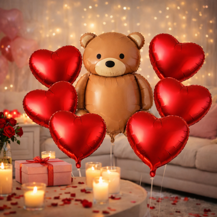Teddy Bear & Red Heart Foil Balloons Set of 7 - Image 3