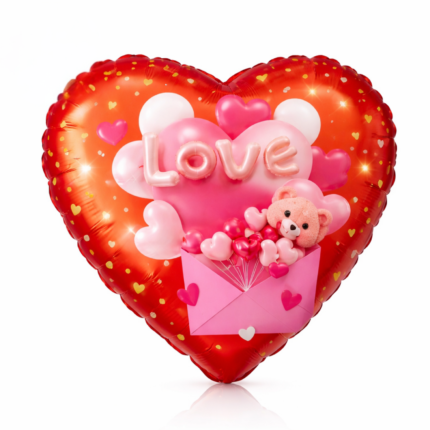 18 Inch Love Heart Foil Balloon with Teddy & Gift Design | Romantic Foil Decoration Balloon for Valentine’s Day, Anniversary, Proposal & Wedding Party | Air or Helium Fill