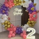 Pastel Pink, Purple & Gold Ring Balloon Decoration | Happy Birthday Neon Light Setup | Kids Birthday Décor
