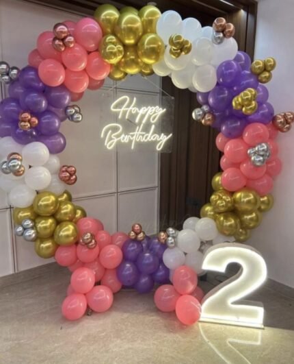 Pastel Pink, Purple & Gold Ring Balloon Decoration | Happy Birthday Neon Light Setup | Kids Birthday Décor (Decoration ID: RING-PPG02)