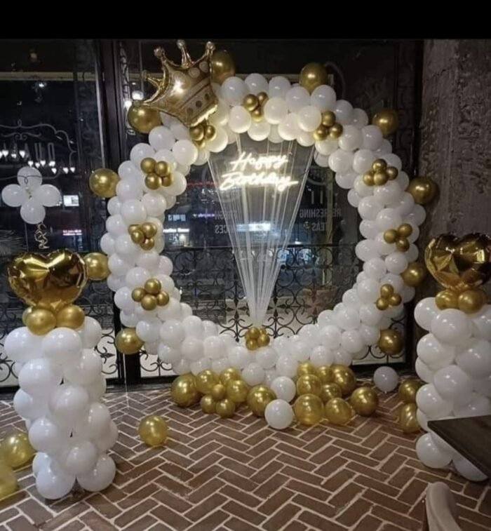 Royal White & Gold Ring Balloon Decoration Setup | Birthday, Anniversary, Baby Shower, Grand Events | Luxury Balloon Décor (Decoration ID: RING-WG01) - Image 1
