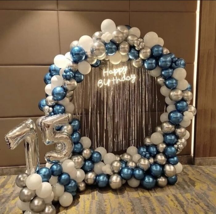Blue, Silver & White Ring Balloon Decoration | Happy Birthday Neon Backdrop | Premium Birthday Setup (Decoration ID: RING-BSW15) - Image 1