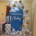 Welcome Baby Blue Theme Decoration | Hot Air Balloon Backdrop with Blue & White Balloon Garland