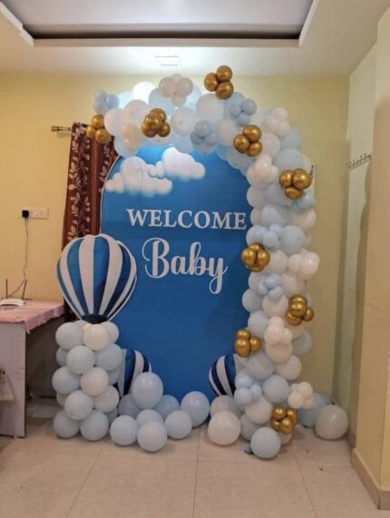 Welcome Baby Blue Theme Decoration | Hot Air Balloon Backdrop with Blue & White Balloon Garland