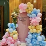 Pastel Balloon Baby Shower Decoration | Pink, Blue & Yellow Balloon Backdrop with Floral Arrangement (Decoration ID: BABYSHOWER-PST01)