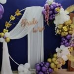 Bride-to-Be Ring Arch Decoration | Purple, White & Gold Balloon Setup with Floral Drapes & Butterflies
