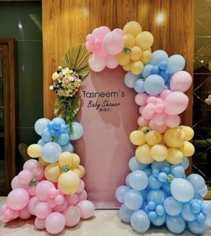 Pastel Balloon Baby Shower Decoration | Pink, Blue & Yellow Balloon Backdrop with Floral Arrangement (Decoration ID: BABYSHOWER-PST01) - Image 1
