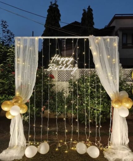 Elegant Fairy Light Birthday Backdrop | White Curtain & Golden Balloon Decoration (Decoration ID: BDAY-LIGHT01)