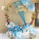 Blue & Silver Ring Balloon Decoration | Floral Birthday Backdrop with Happy Birthday Neon Light