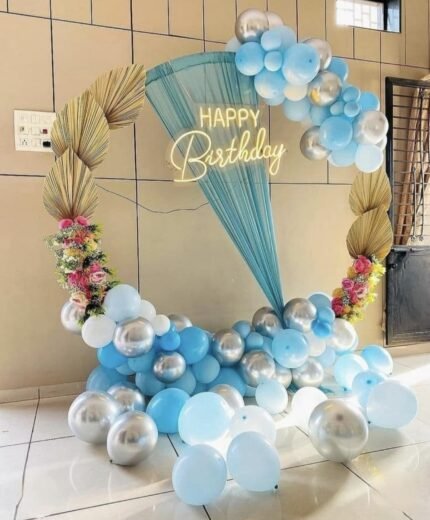 Blue & Silver Ring Balloon Decoration | Floral Birthday Backdrop with Happy Birthday Neon Light (Decoration ID: RING-BSBD01)