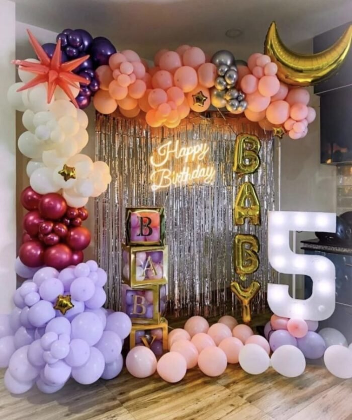 WhatsApp Image 2026-01-21 at 2.13.02 PM Pastel Birthday Balloon Decoration | Moon & Star Theme with BABY Blocks, Neon Light & Number Marquee - Image 1