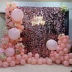 Pink Sequin Wall Birthday Decoration | Pastel Pink Balloon Garland with Floral Touch & Happy Birthday Neon