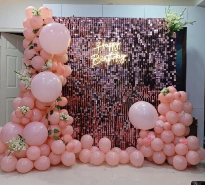 Pink Sequin Wall Birthday Decoration | Pastel Pink Balloon Garland with Floral Touch & Happy Birthday Neon (Decoration ID: BDAY-PINKSEQ01) - Image 1