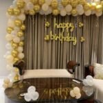 Gold & White Elegant Birthday Decoration | Balloon Arch with Gold “Happy Birthday” Foil Letters