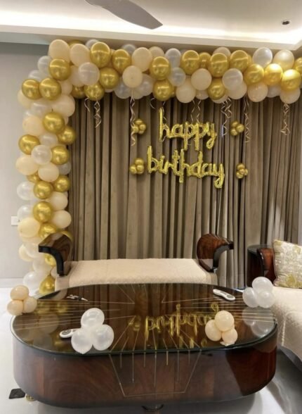 Gold & White Elegant Birthday Decoration | Balloon Arch with Gold “Happy Birthday” Foil Letters (Decoration ID: BDAY-GOLDWHITE01)