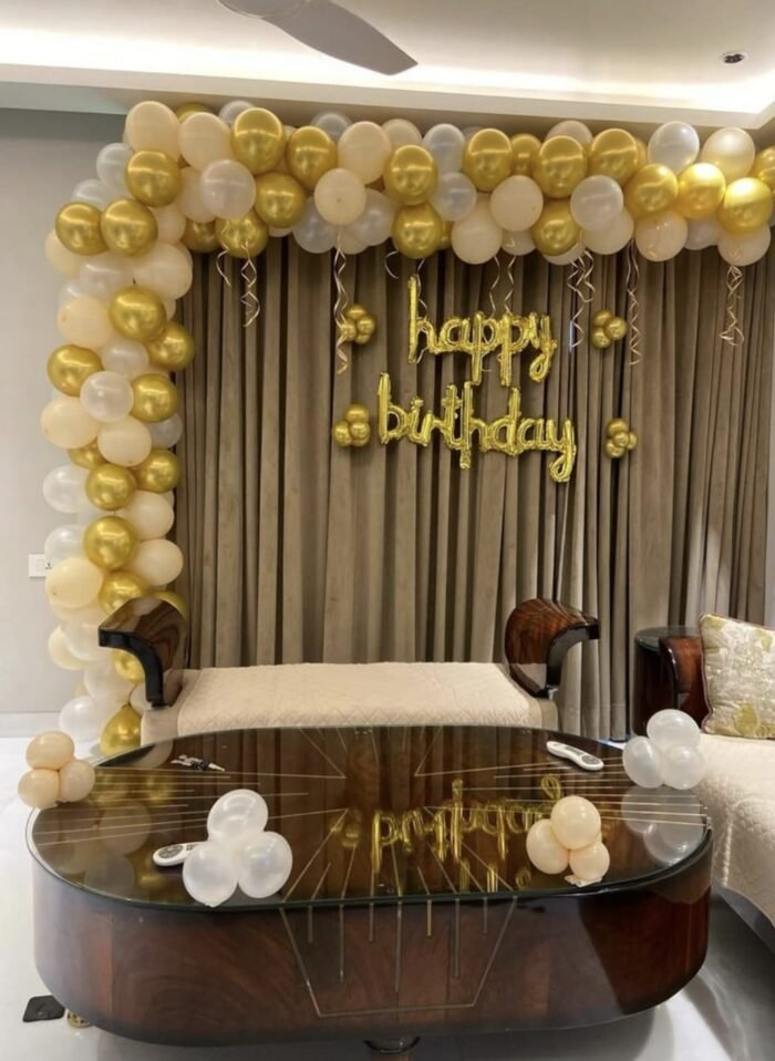 Gold & White Elegant Birthday Decoration | Balloon Arch with Gold “Happy Birthday” Foil Letters - Image 1