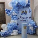 Blue Theme 1st Birthday Decoration | Custom Name Backdrop with Blue & White Balloon Garland