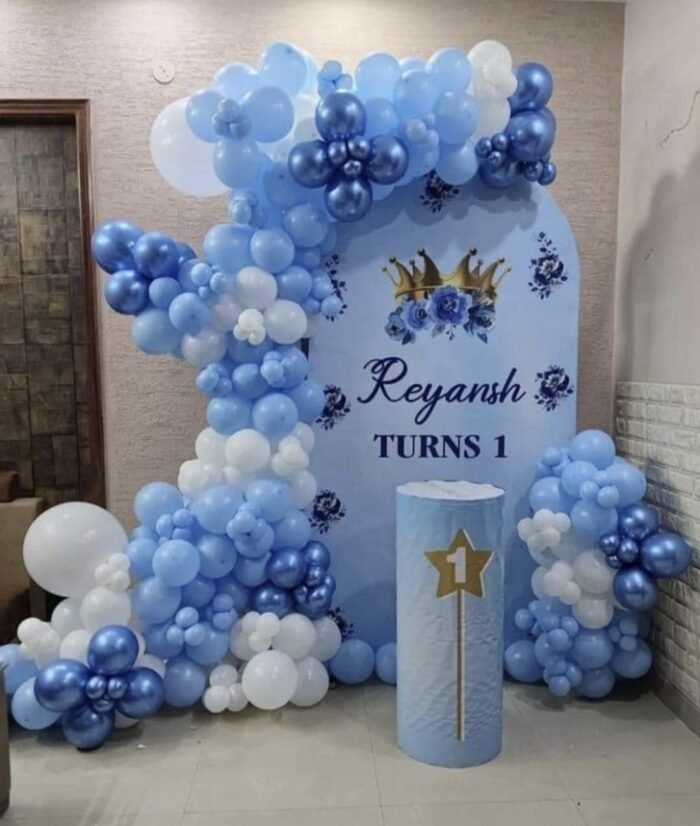 Blue Theme 1st Birthday Decoration | Custom Name Backdrop with Blue & White Balloon Garland (Decoration ID: BDAY-BLUE1ST01) - Image 1