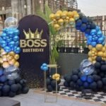 Boss Birthday Decoration | Black, Blue & Gold Balloon Arch with Crown Theme Backdrop