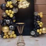 Luxury Black & Gold Birthday Decoration | Premium Balloon Arch with Neon Happy Birthday Backdrop