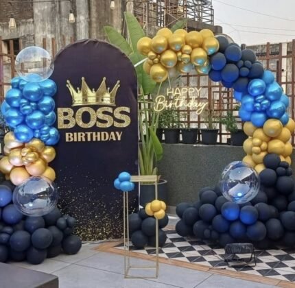 Boss Birthday Decoration | Black, Blue & Gold Balloon Arch with Crown Theme Backdrop (Decoration ID: BOSS-BDAY01)