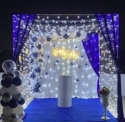 Royal Blue & White Fairy Light Birthday Decoration | Canopy Setup with Balloon Pillars & Neon Light (Decoration ID: BDAY-BLUECANOPY01)