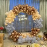 Luxury Gold, Peach & Grey Ring Balloon Decoration | Premium Birthday Backdrop with Neon Light