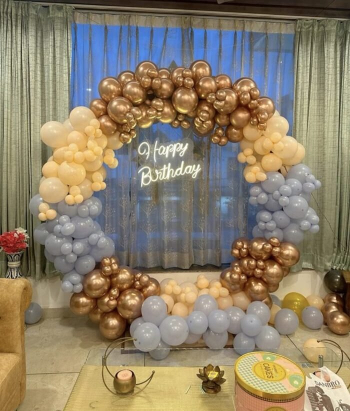 Luxury Gold, Peach & Grey Ring Balloon Decoration | Premium Birthday Backdrop with Neon Light (Decoration ID: RING-GOLDPEACH01) - Image 1