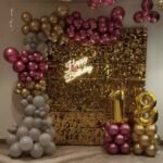 18th Birthday Gold Sequin Wall Decoration | Burgundy, Gold & Grey Balloon Garland with Neon Light