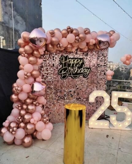 Rose Gold Sequin Birthday Decoration | Premium Balloon Garland with Neon Sign & Marquee Age Lights (Decoration ID: BDAY-ROSEGOLD01)