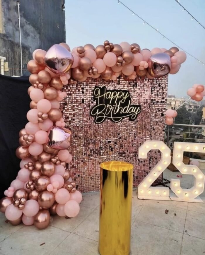 Rose Gold Sequin Birthday Decoration | Premium Balloon Garland with Neon Sign & Marquee Age Lights - Image 1