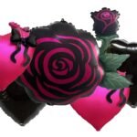 Pink and Black Rose Heart Foil Balloons - set of 5