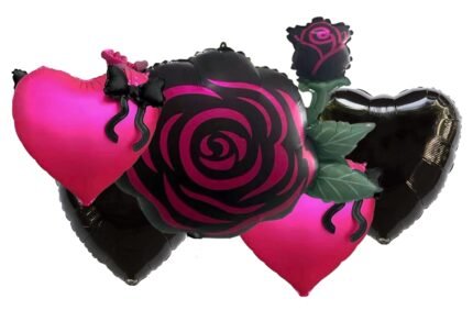 Pink and Black Rose Heart Foil Balloons - set of 5