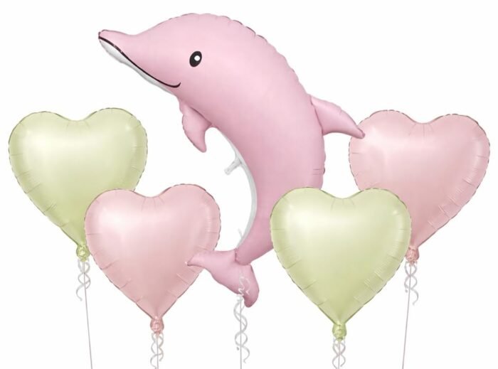 3 Pink Dolphin Heart Balloon Bouquet – Ocean Party Décor set of 5 - Image 1