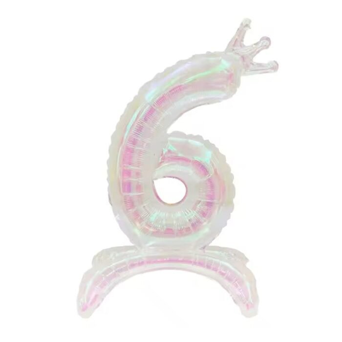 Iridescent Standing Number 6 Foil Balloon with Crown - Image 1
