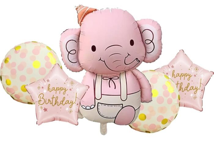 Pink Pink Elephant Birthday Foil Balloon Bouquet - set of 5 - Image 1