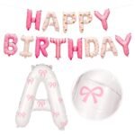 Pink Happy Birthday Letter Foil Balloon Banner – Bow Theme